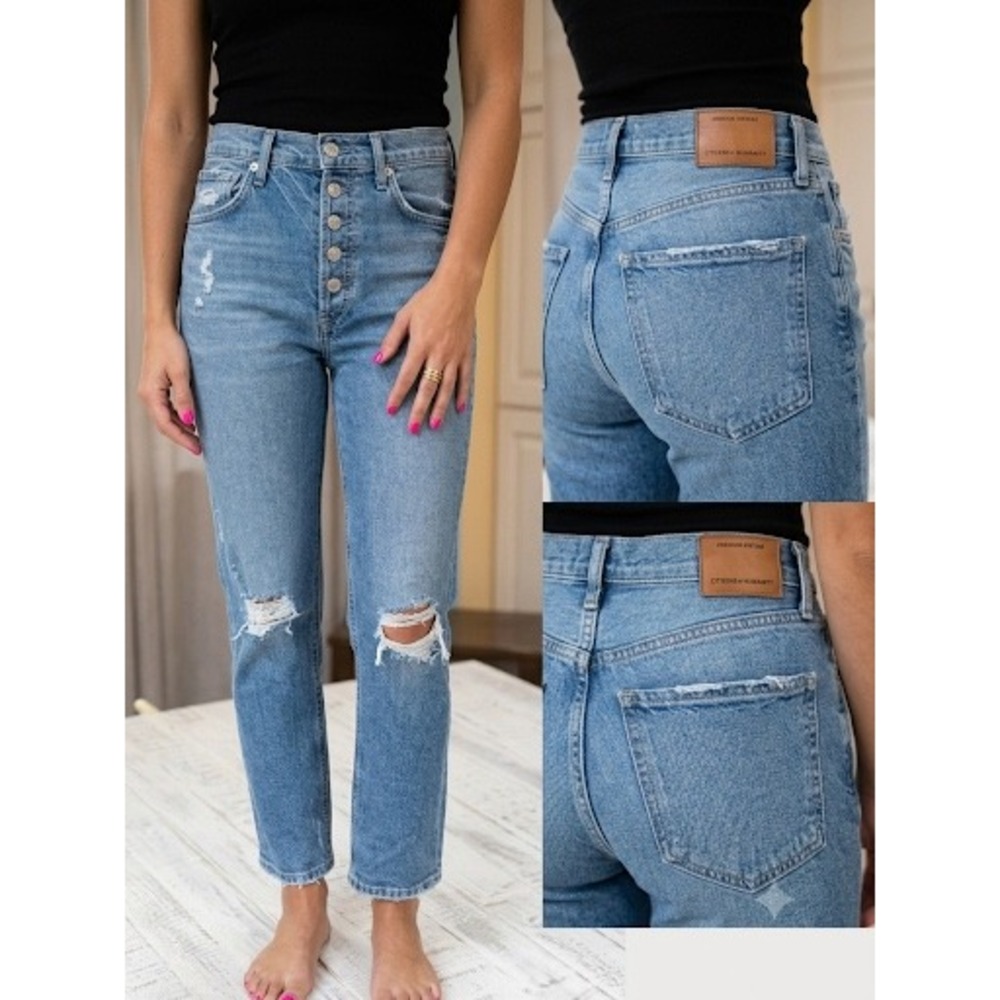 Citizens of Humanity Charlotte Crop High Rise Straight Jeans Blue Distressed 25